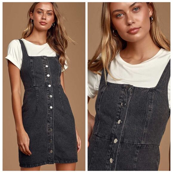 Lulus Corra Denim Mini Dress S Washed Black Button Front Jean Jumper Square Neck - Picture 1 of 12